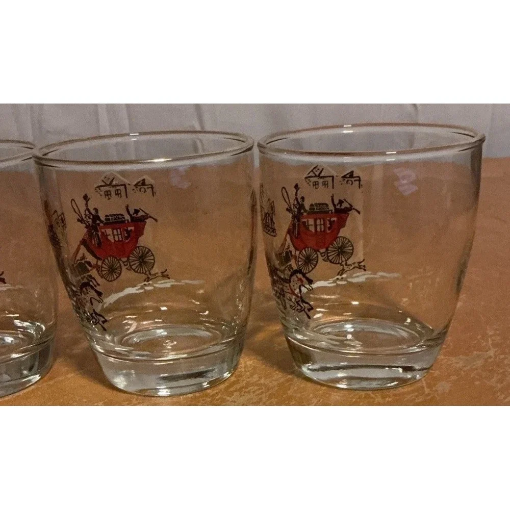 Vintage‎ 1950s Libbey Stagecoach & Horses Low Ball Glasses, Set Of 4, Gold Rim